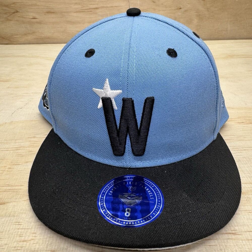 NEW Washington Black Senators Ebbets Field Flannel Fitted Hat Cap Sz 8 Sky Blue